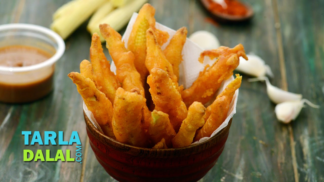 Baby Corn Fritters / Fried Baby Corn by Tarla Dalal