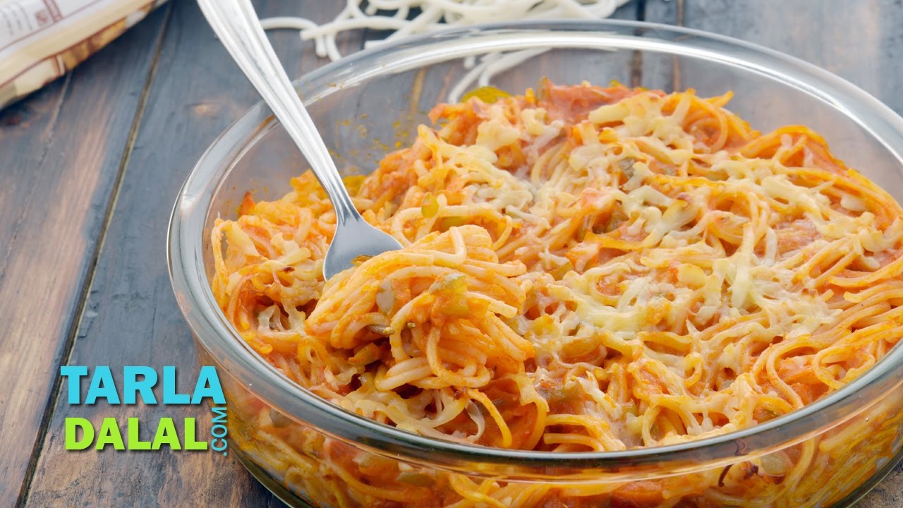 Baked Spaghetti in Tomato Sauce by Tarla Dalal