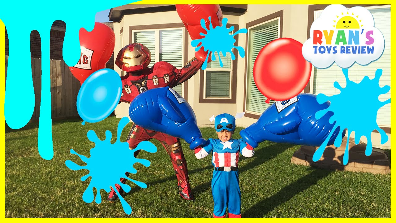 Water Balloons Fight Captain America Civil War vs Iron Man Marvel SuperHeroes Battle Ryan ToysReview