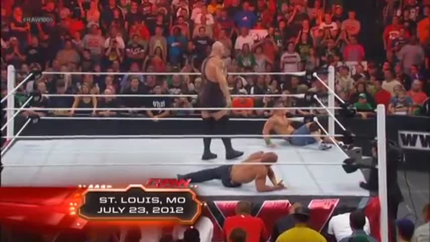 2012 RAW 1000 Off the Air - John Cena and The Rock attacking Big Show 