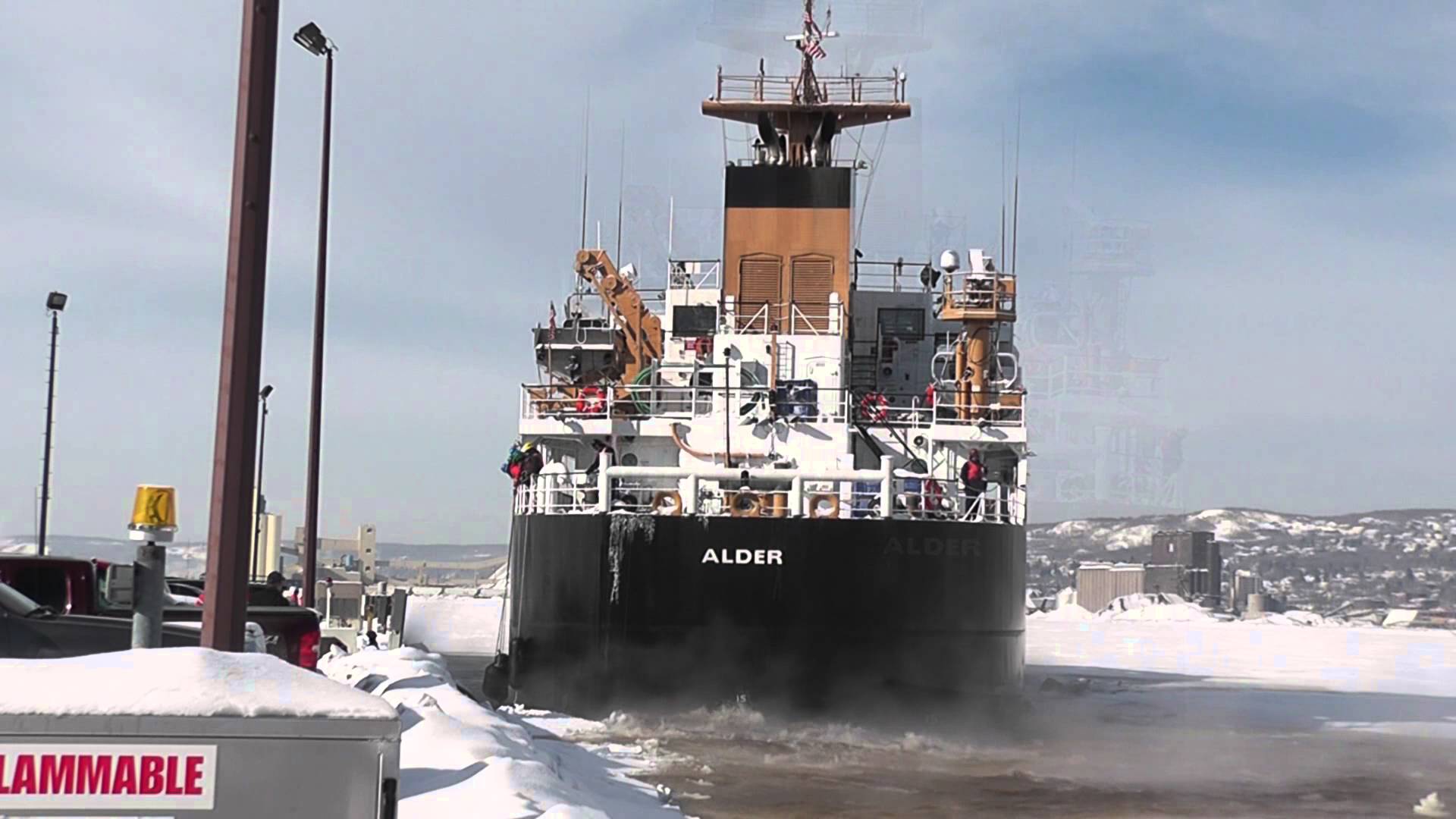 Duluth Shipping News: the Alder starts breaking ice in the Duluth Minneosta harbor