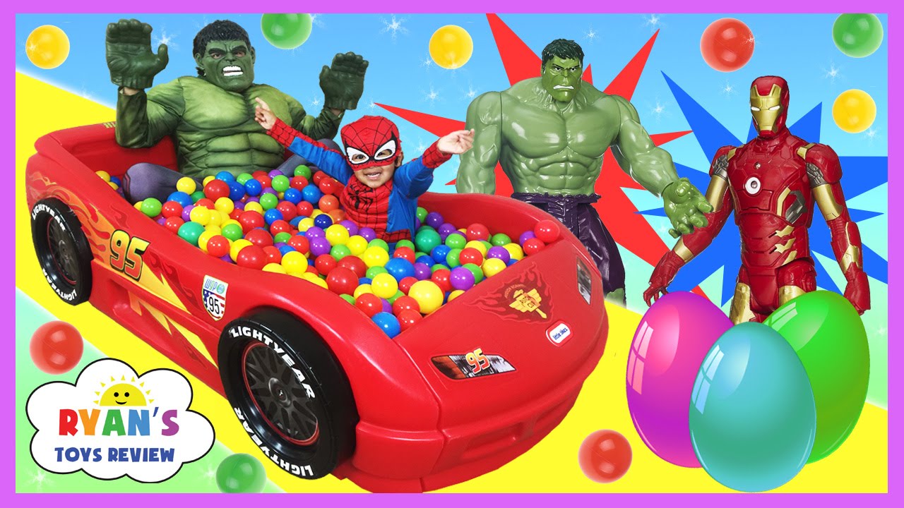 GIANT BALL PIT SURPRISE TOYS CHALLENGE Disney Cars Toys Spiderman vs Hulk Surprise Eggs for Kids
