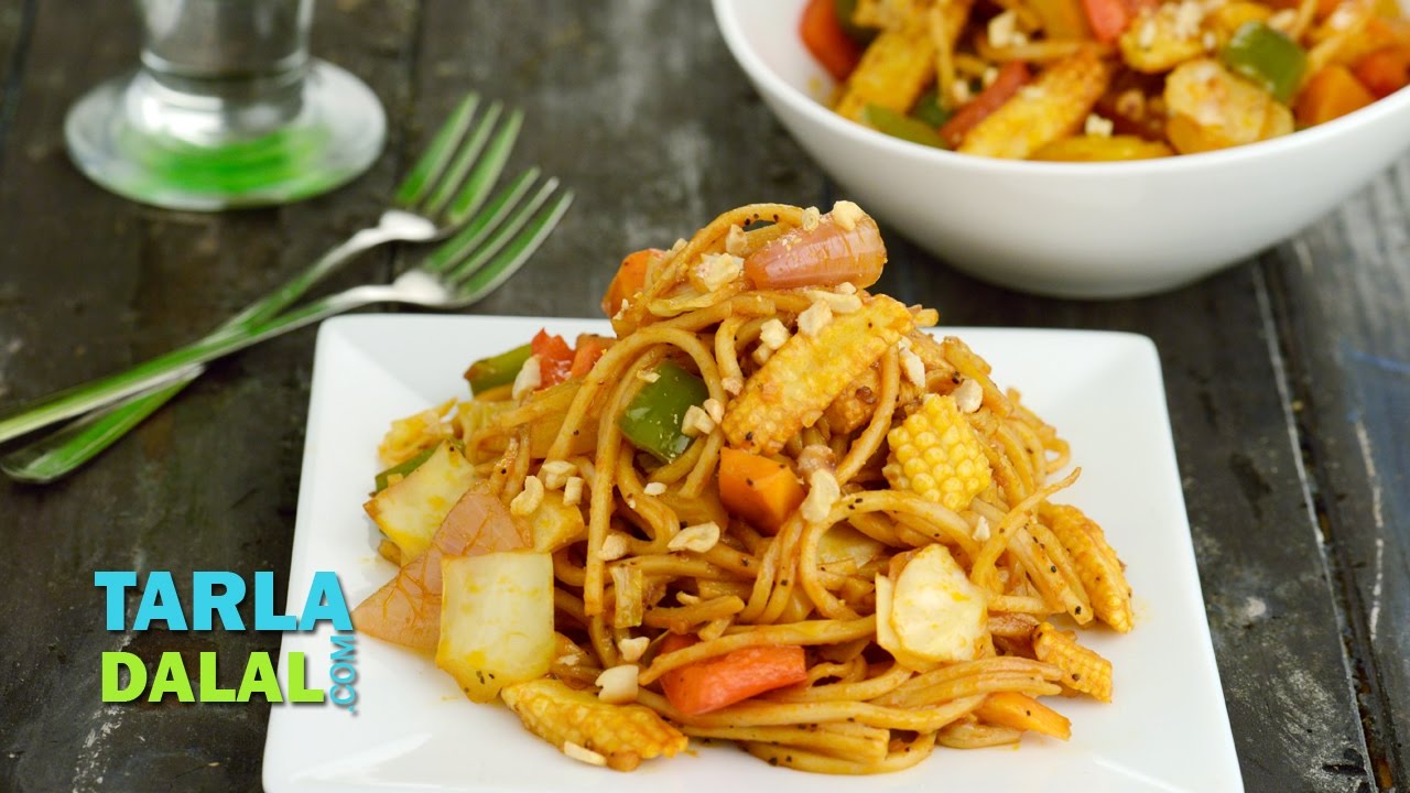 Spicy Stir Fry Noodles in Schezwan Sauce by Tarla Dalal