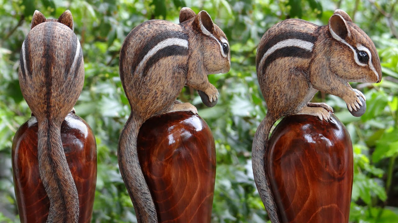 Wood Carved Chipmunk and Diamondback Rattlesnake Walking Stick