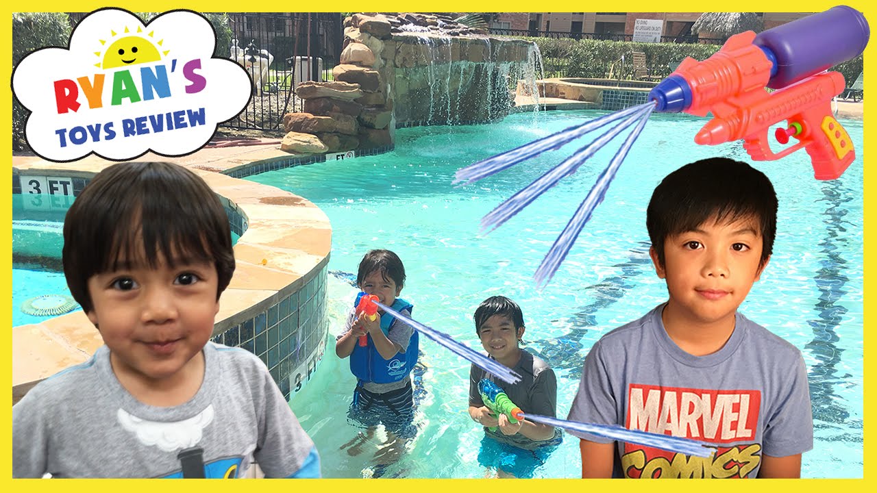 Playtime in the Pool Family Fun Water Gun Fight Kids playing in the water Ryan ToysReview