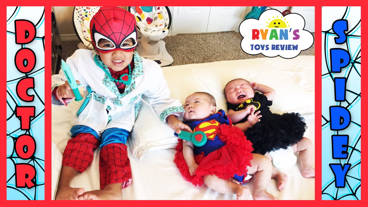 TWIN BABIES SICK get SHOT Pretend Play Dr. Spidey Check Up Superhero Doctor Spiderman Kids Video