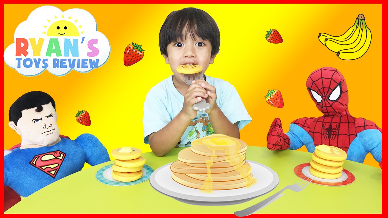 Family Fun Game Pancake Pile Up Spiderman Superman Egg Surprise Toys Kids Video Ryan ToysReview